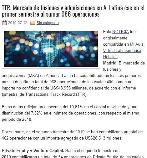 TTR: Mercado de fusiones y adquisiciones en A. Latina cae en el primer semestre al sumar 986 operaciones